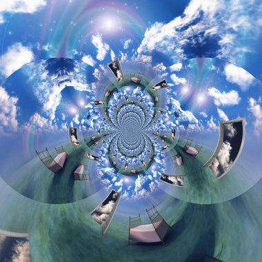 Açık kapılı bir manzara gibi hayal et. 3B görüntüleme