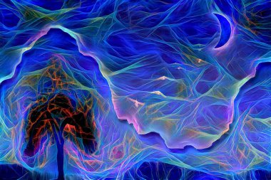 Soyut sanat. Ağaç ve ay. 3B görüntüleme