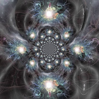 Gerçeküstü resim. Adam elinde maske tutuyor. Yüzü yerine parlak ışık ve şimşekler. 3B görüntüleme