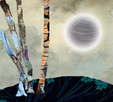 Soyut doğa. Ağaçlar ve parlak gezegen. 3B görüntüleme