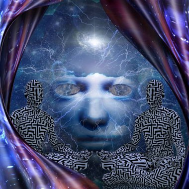 Meditasyonun gücü. Lotus pozu veren adam. 3B görüntüleme