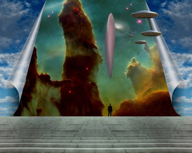 Gerçeküstü gökyüzünde uçan daireler. 3B görüntüleme