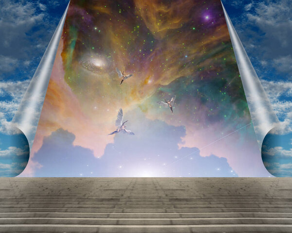 Angels in vivid surreal sky. 3D rendering