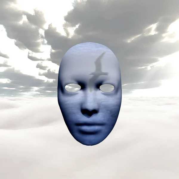 在多云的天空中 女人的面具 3D渲染 — 图库照片