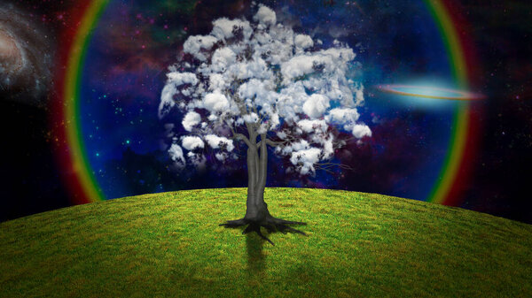 Sky tree. Clouds on a branches. Modern surreal art. 3D rendering