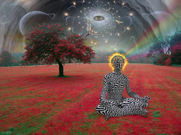 Nilüfer Çiçeğiyle Meditasyon Yapan Bir Adam Gerçeküstü Bir Ortamda Poz — Stok fotoğraf