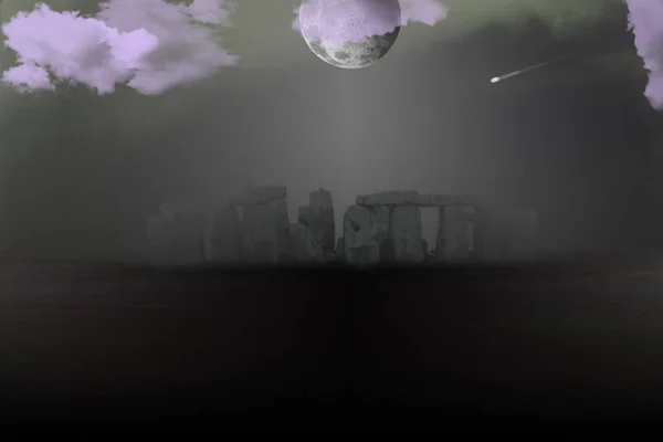 Paisaje Surrealista Stonehenge Niebla Luna Llena Cielo Renderizado — Foto de Stock