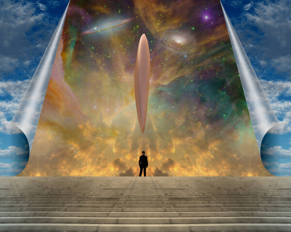 Giant UFO in surreal space. 3D rendering