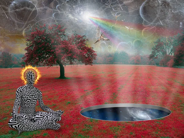 Ember Lótuszban Meditál Szürreális Tájakon Pózol Angyalok Égen — Stock Fotó