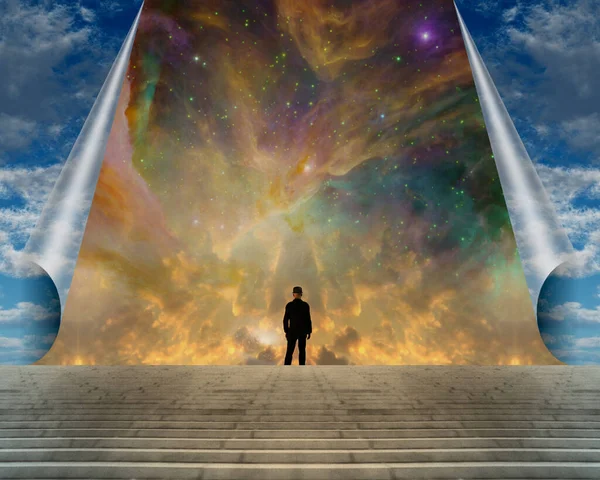 Man Steps Surreal Sky Colorful Nebula Rendering — Stock Photo, Image