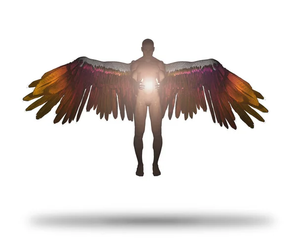 Winged Angel Being Holds Divine Light Isolated White — Stock Photo, Image