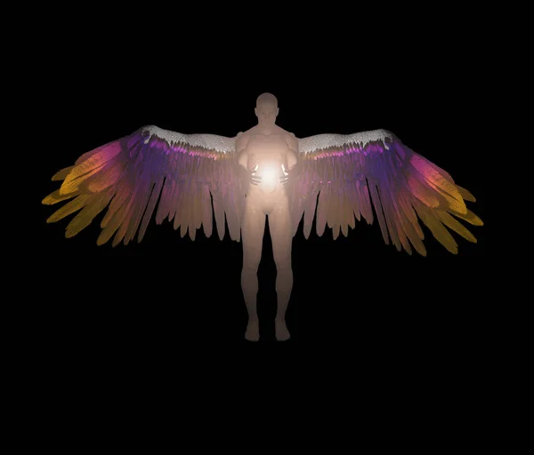 Winged Angel Being Holds Divine Light Isolated Black — Stock Photo, Image