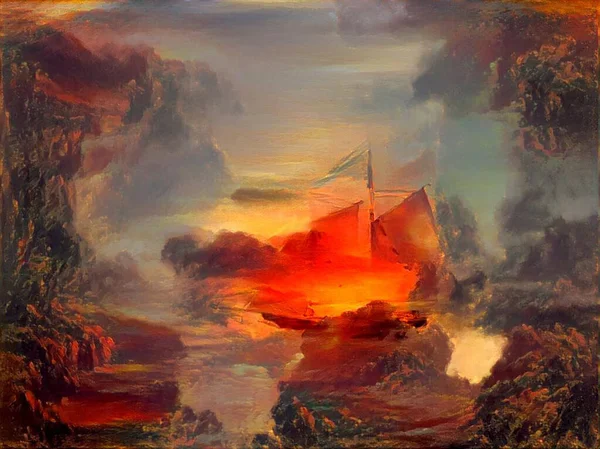 Zeilboot Bij Zonsondergang Abstracte Kunst — Stockfoto