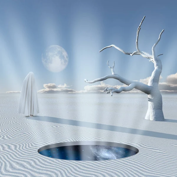 Deserto Branco Surreal Figura Mística Roupas Brancas Renderização — Fotografia de Stock