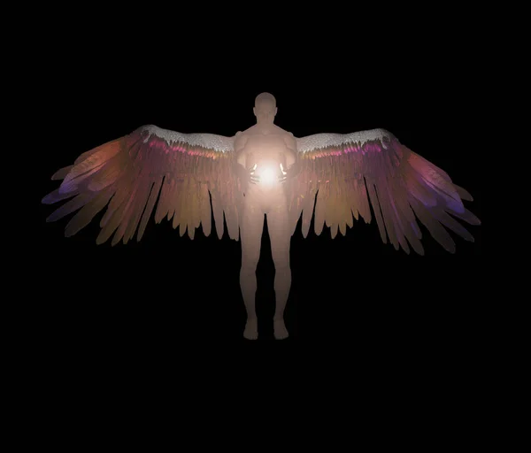 Winged Angel Being Holds Divine Light Isolated Black — Stock Photo, Image