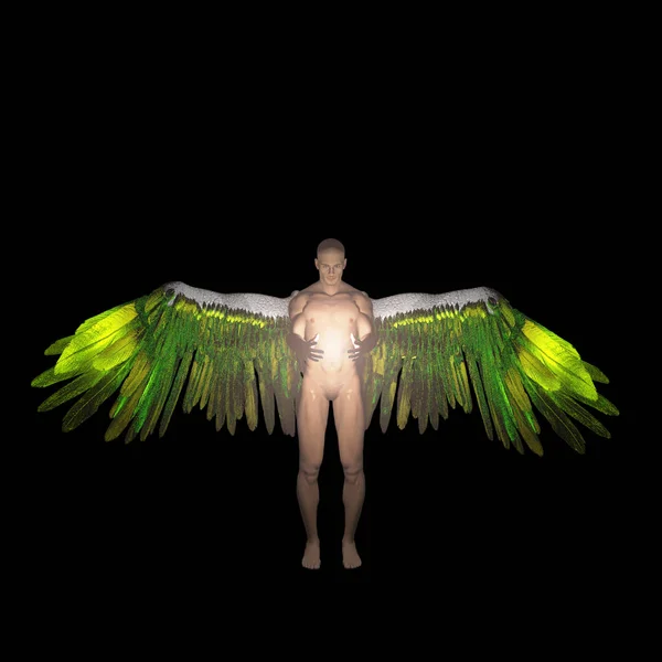 翼を持つ天使は神の光を持つ 黒に隔離された — ストック写真