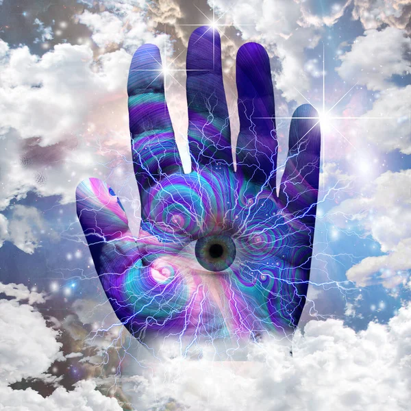 Ręka Obcego Stwórcy Oko Ludzkiej Dłoni Renderowanie — Zdjęcie stockowe