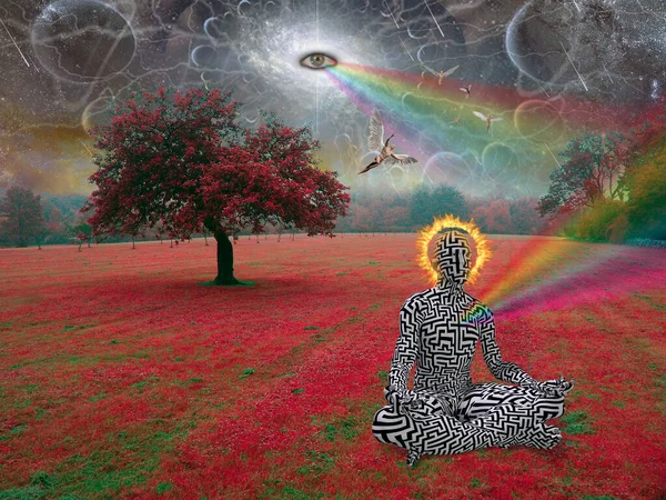 Man Meditates Lotus Pose Surreal Landscape All Seeing Eye Sky — Stock Photo, Image