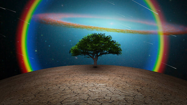 Surrealism. Green tree in arid land. Galactic disk in night sky. 3D rendering