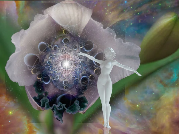 Çiçek Uzayla Gerçeküstü Bir Sahne Beyaz Kadın Heykeli — Stok fotoğraf