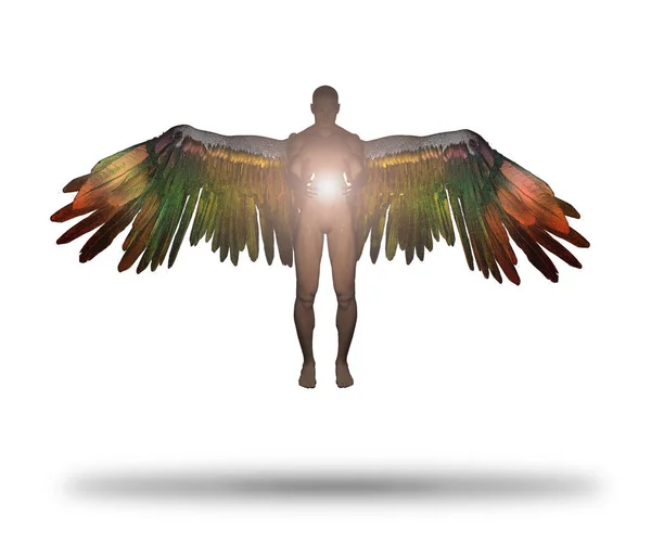 Winged Angel Being Holds Divine Light Isolated White — Stock Photo, Image