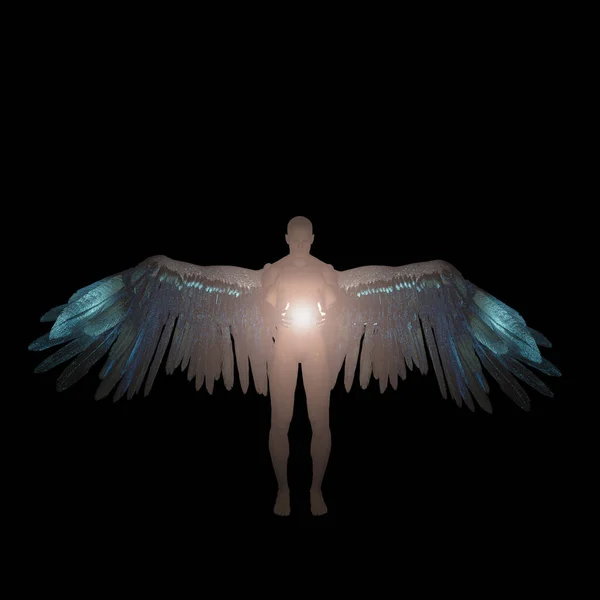 Winged Angel Being Holds Divine Light Isolated Black — Stock Photo, Image