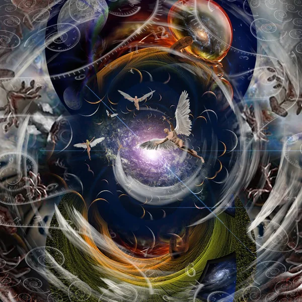 Symbolische Komposition Teilchen Gottes Engel Und Zeitspiralen Rendering — Stockfoto