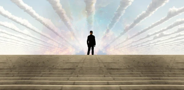 Man Black Suit Surreal Sky — Stock Photo, Image