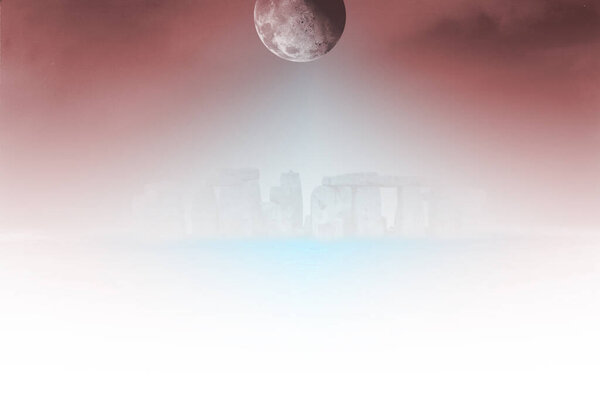 Surreal landscape. Stonehenge in the fog. Full moon in the sky. 3D rendering