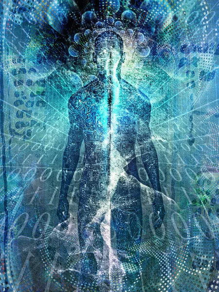 Future Man. Spirit emerges from digital space. Soul or aura and binary code. 3D rendering