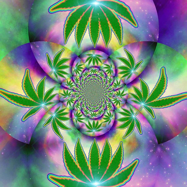 Abstract Schilderen Gespiegeld Rond Fractal Met Marihuana Blad Weergave — Stockfoto