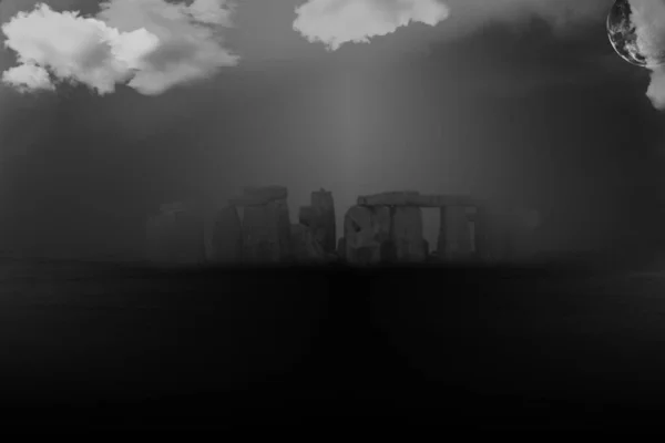 Surreale Landschaft Stonehenge Nebel Vollmond Himmel Rendering — Stockfoto