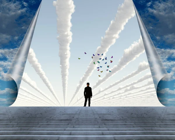 Man Black Suit Surreal Sky — Stock Photo, Image