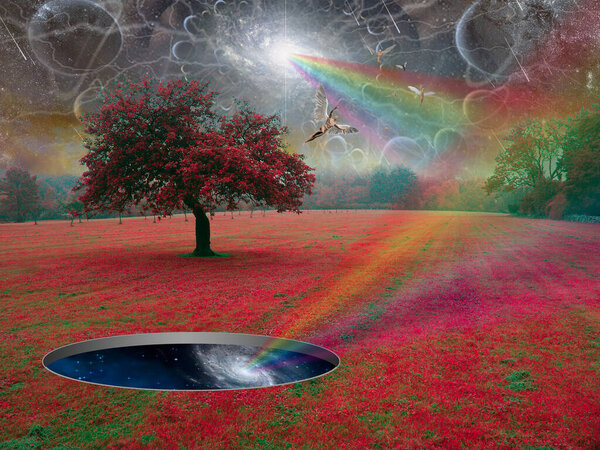 Wormhole to another world in a surrealistic landscape. Angels fly in the sky. 3D rendering