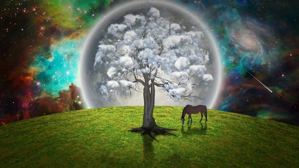 超自然的な性質 雲のある木 3Dレンダリング — ストック写真