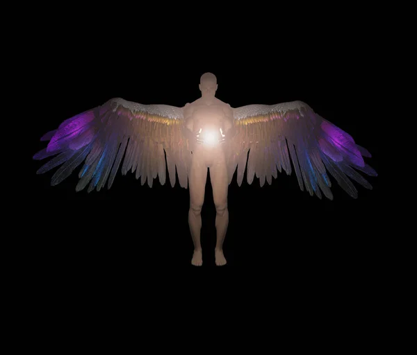 Winged Angel Being Holds Divine Light Isolated Black — Stock Photo, Image