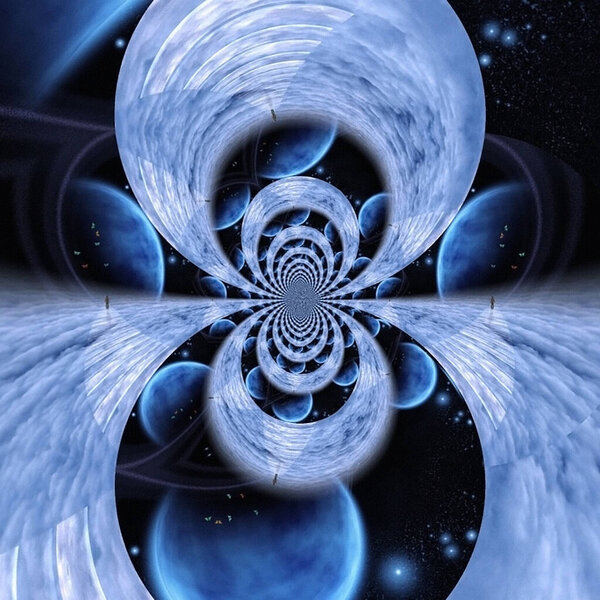 Planets in space fractal. 3D rendering