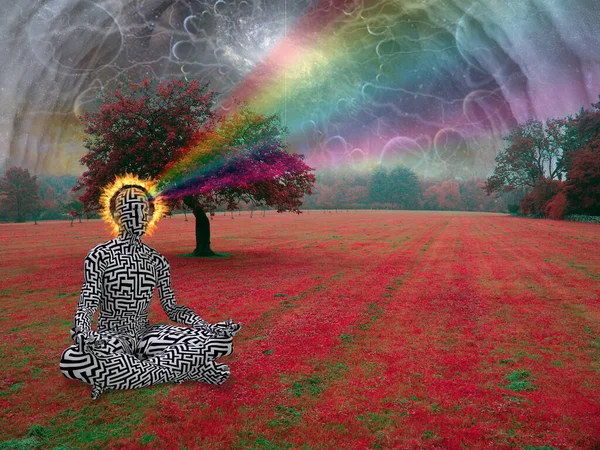 男は超現実的な風景の中に蓮のポーズで瞑想 — ストック写真