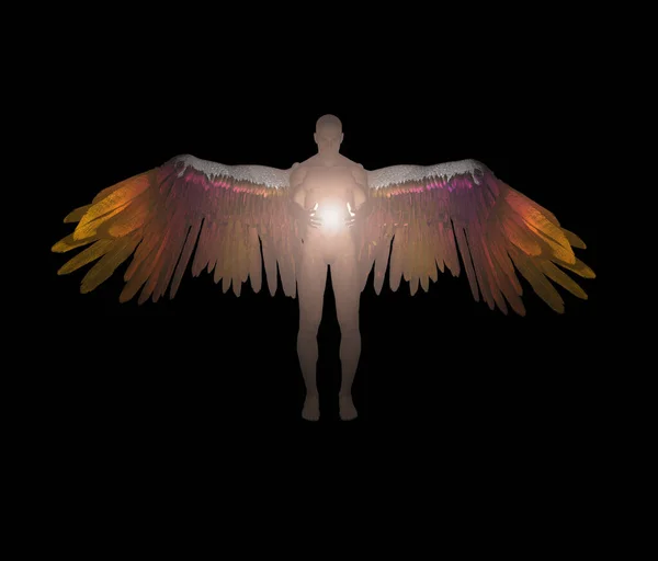 Winged Angel Being Holds Divine Light Isolated Black — Stock Photo, Image