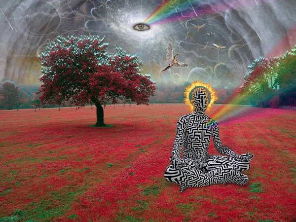 男は超現実的な風景の中で蓮のポーズで瞑想します 空のすべての目 — ストック写真