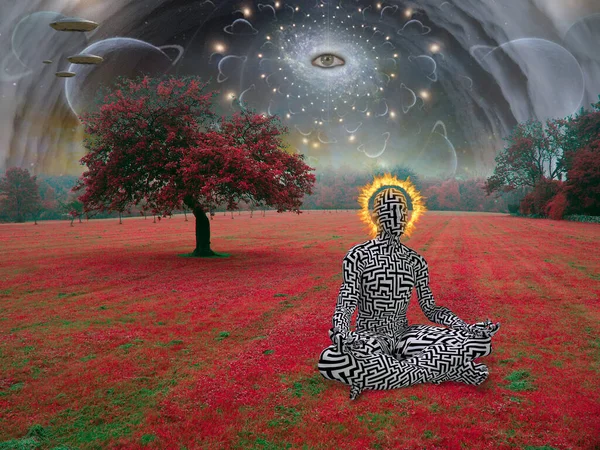 Man Meditates Lotus Pose Surreal Landscape All Seeing Eye Sky — Stock Photo, Image