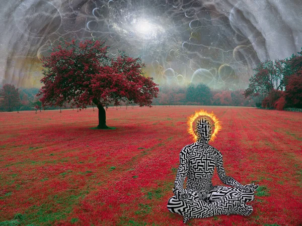 Člověk Medituje Lotosu Pózuje Surrealistické Krajině — Stock fotografie