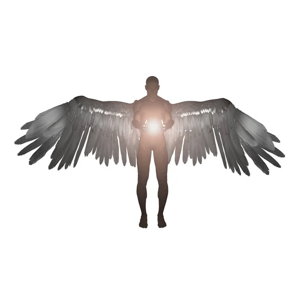 Winged Angel Being Holds Divine Light Isolated White — Stock Photo, Image