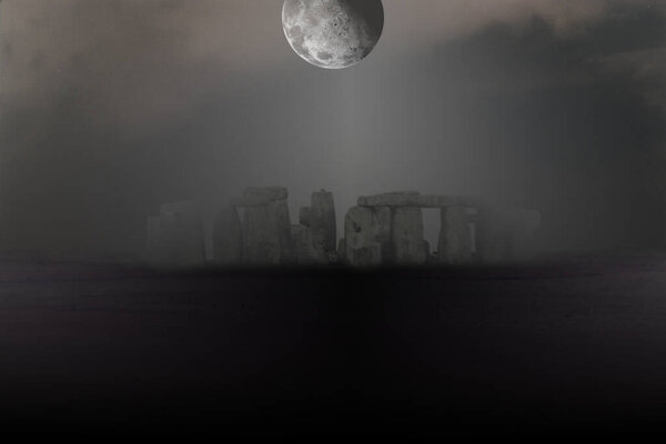 Surreal landscape. Stonehenge in the fog. Full moon in the sky. 3D rendering