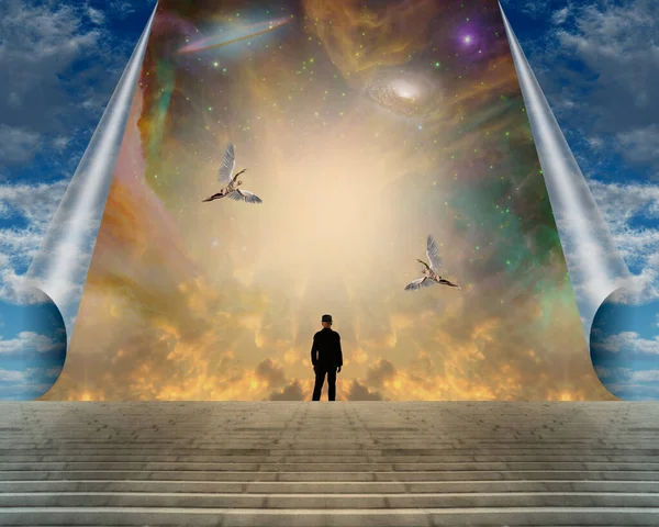 Człowiek Schodach Pod Surrealistycznym Niebem Kolorową Mgławicą Renderowanie — Zdjęcie stockowe
