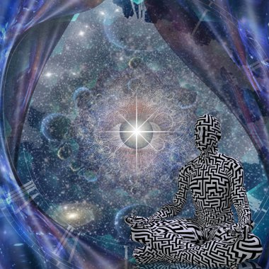 Meditasyonun gücü. Lotus pozu veren adam. 3B görüntüleme