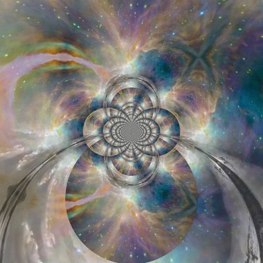 Soyut resim. Uzayda canlı gezegenlerle aynalı yuvarlak fraktal. 3B görüntüleme