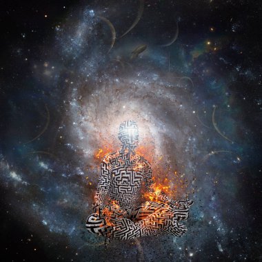Meditasyonun gücü. Lotus pozu veren adam. 3B görüntüleme
