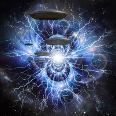 Uzay geçidinde uçan daireler. 3B görüntüleme