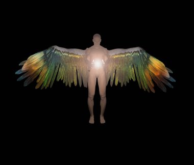 Kanatlı melek ilahi ışığı tutuyor. Siyah üzerine izole edilmiş.